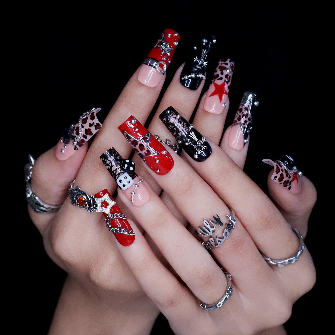 Red, Black & Leopard Print Gothic Nails With Chains, Dice and Star Charms