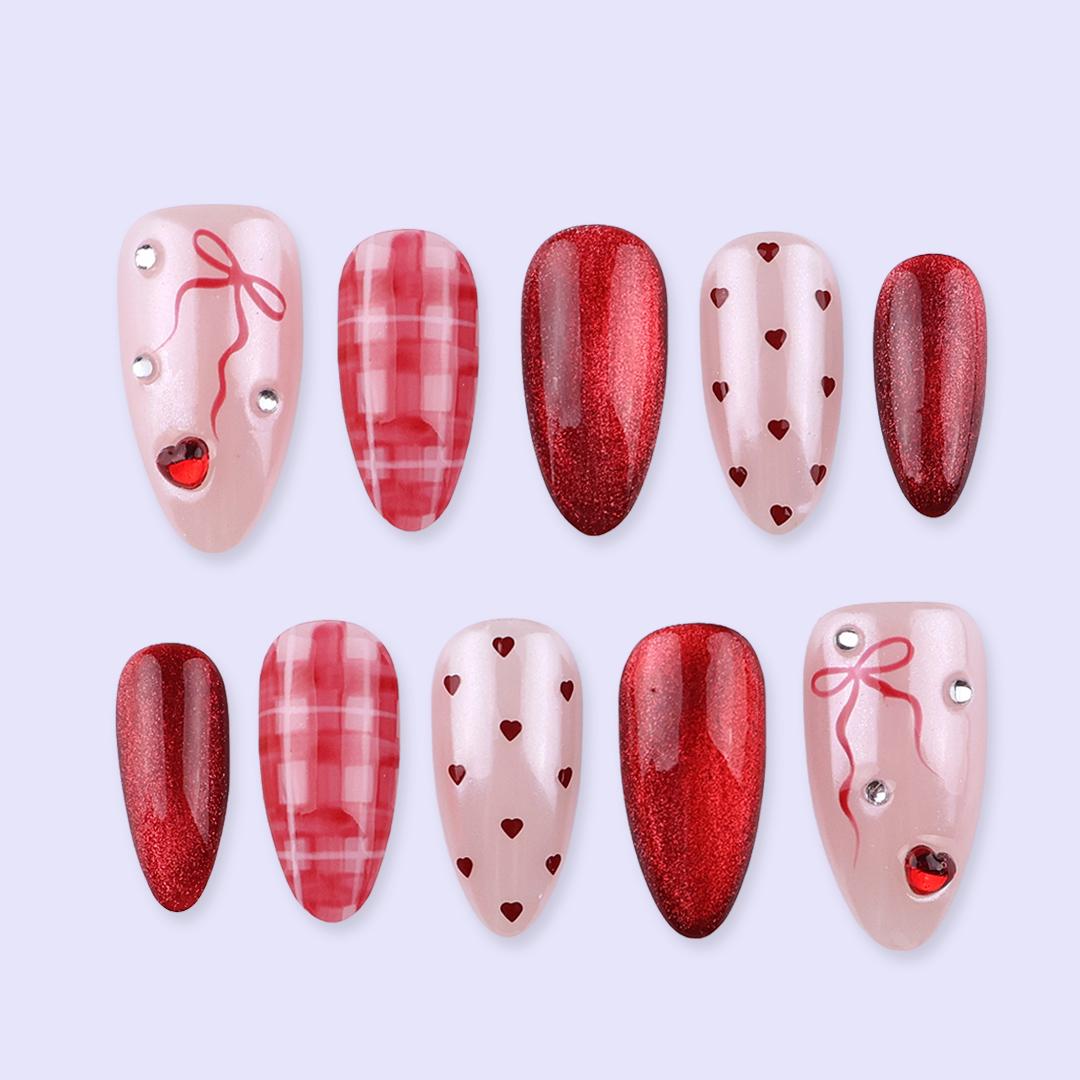 Valentine Press On Nails with Red Hearts, Pink Plaid, Bow Charms and Glitter Cat Eye