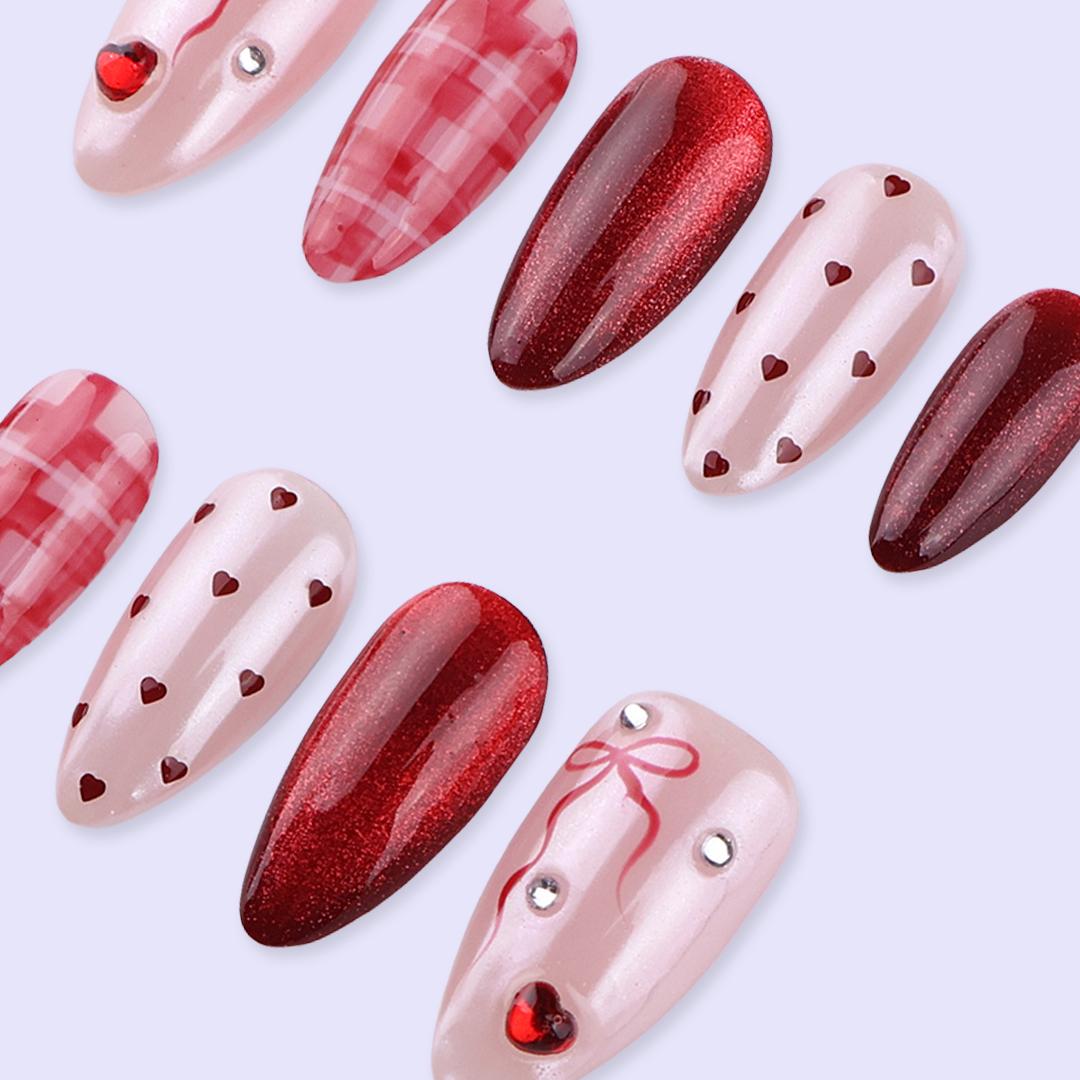 Valentine Press On Nails with Red Hearts, Pink Plaid, Bow Charms and Glitter Cat Eye