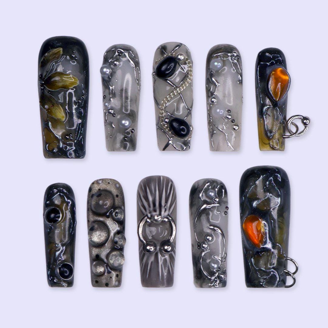 Halloween Smoky Gray and Black Chrome Nails with Amber Gems, Pearls and Chain Details