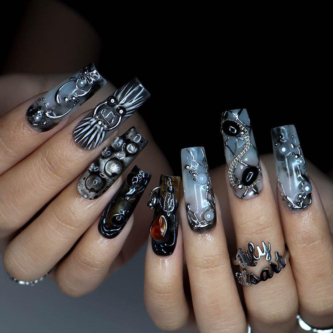 Halloween Smoky Gray and Black Chrome Nails with Amber Gems, Pearls and Chain Details