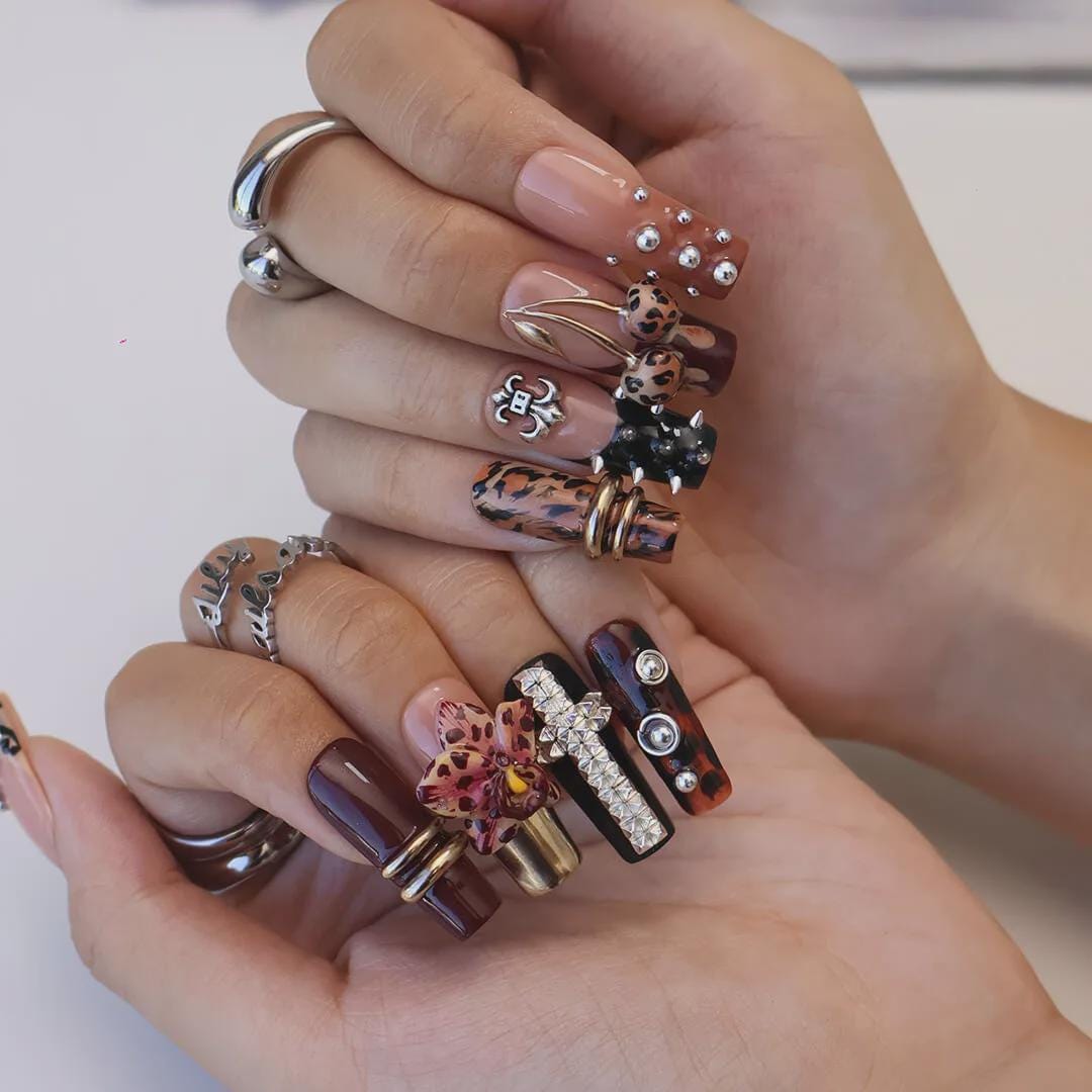 Autumn Burgundy Leopard Print Nails With 3D Orchid and Cross Details