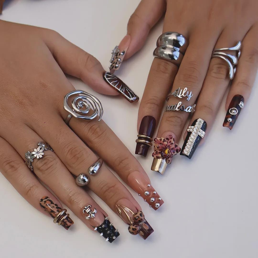 Autumn Burgundy Leopard Print Nails With 3D Orchid and Cross Details