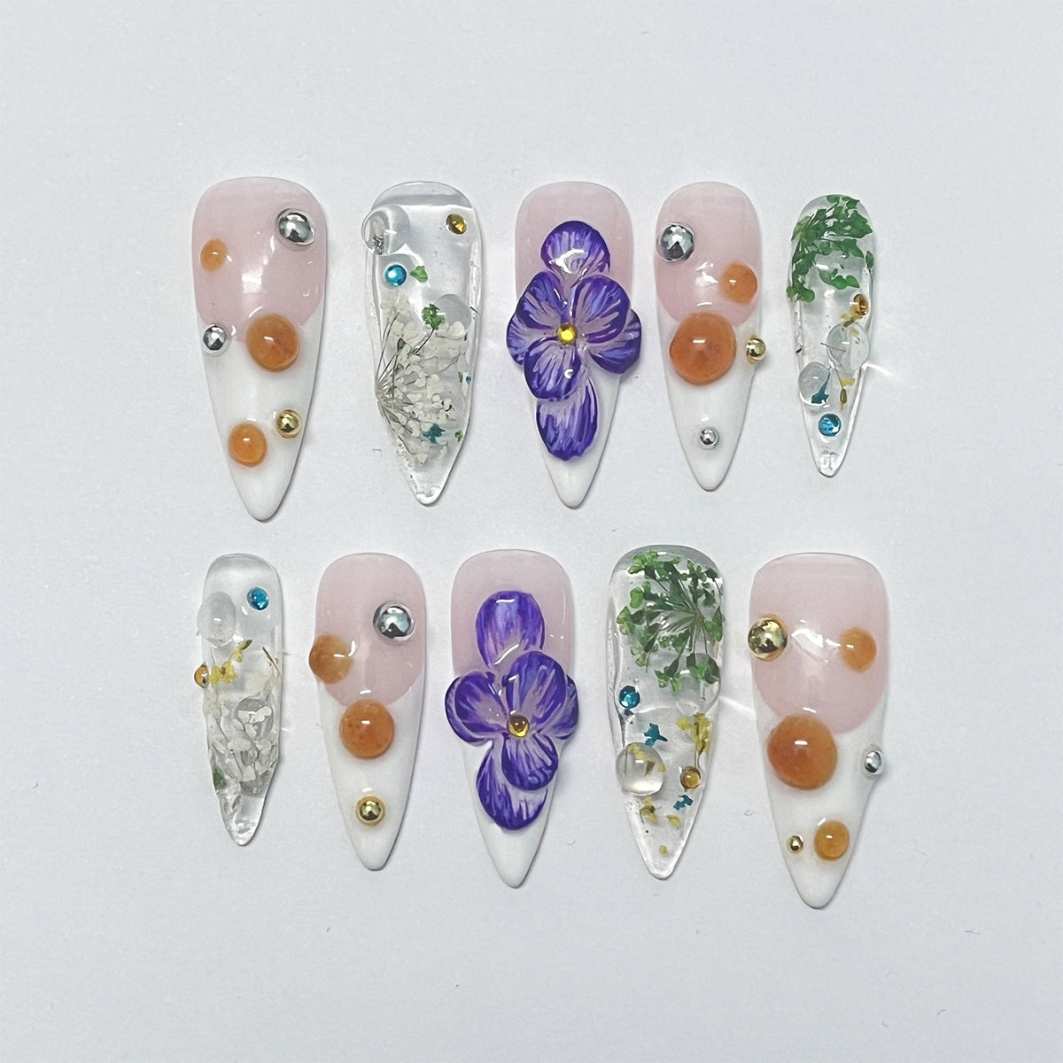 Pressed Floral Nails With Purple 3D Flowers, Amber Dots and Rhinestones
