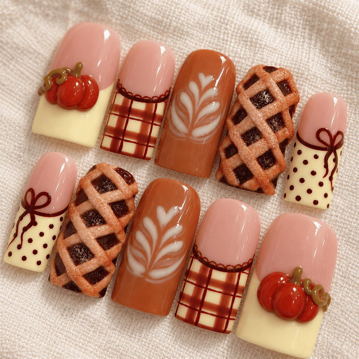 Pumpkin and Lattice Pie Nails With Autumn Plaid and Latte Art