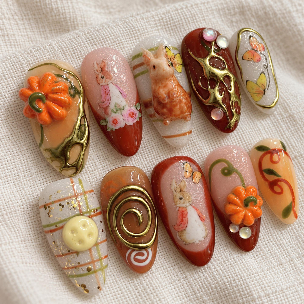 Pumpkin Bunny Thanksgiving Nails With Gold Swirls, Plaid and Butterflies