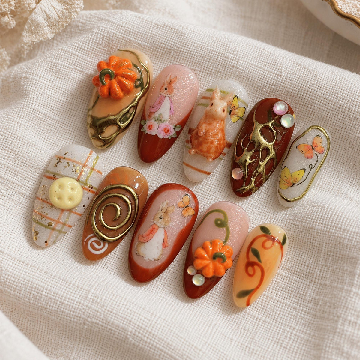 Pumpkin Bunny Thanksgiving Nails With Gold Swirls, Plaid and Butterflies