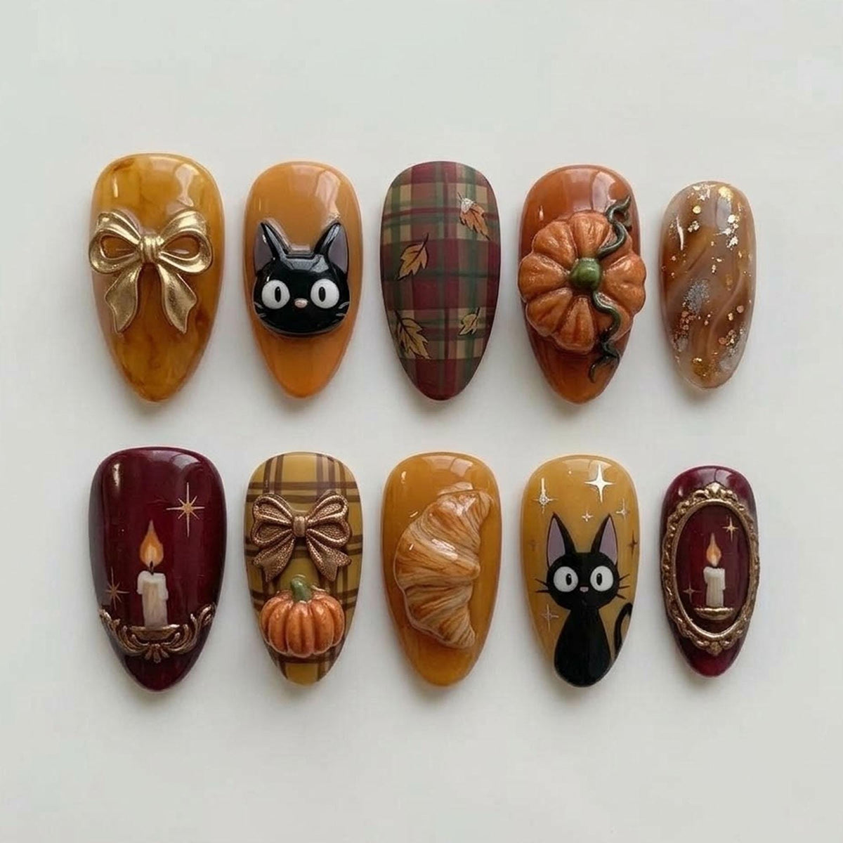 Pumpkin Cat Autumn Plaid Nail Set for Halloween and Thanksgiving