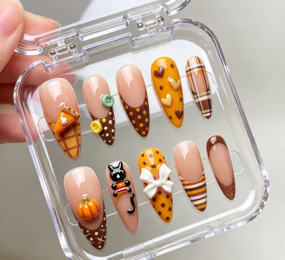 Pumpkin Cat Fall Press On Nails With Plaid, Hearts, and 3D Bow