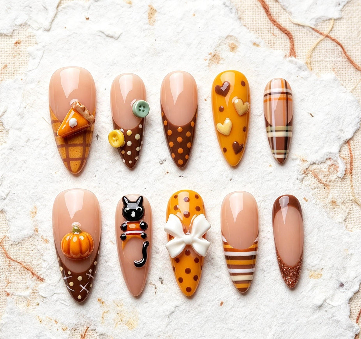Pumpkin Cat Fall Press On Nails With Plaid, Hearts, and 3D Bow