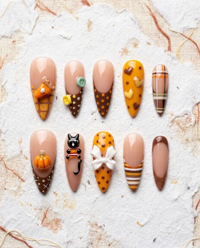 Pumpkin Cat Fall Press On Nails With Plaid, Hearts, and 3D Bow