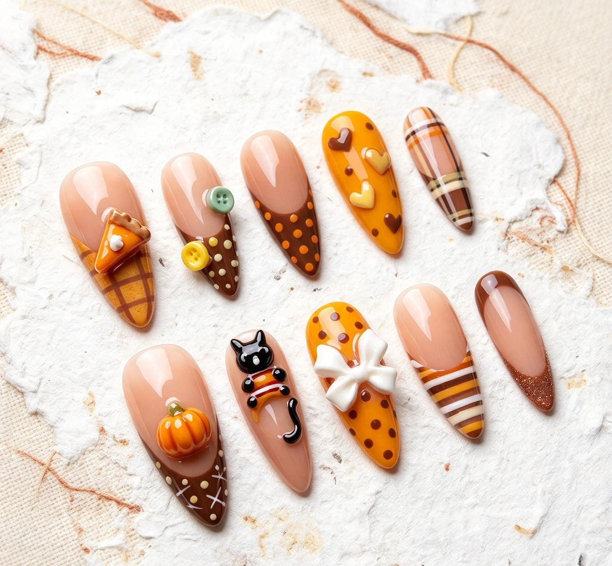 Pumpkin Cat Fall Press On Nails With Plaid, Hearts, and 3D Bow