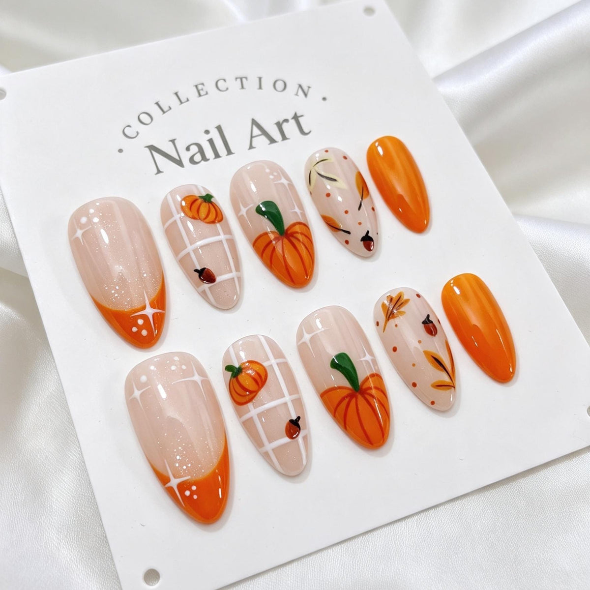 Pumpkin Plaid Fall Press On Nails With Orange French Tips