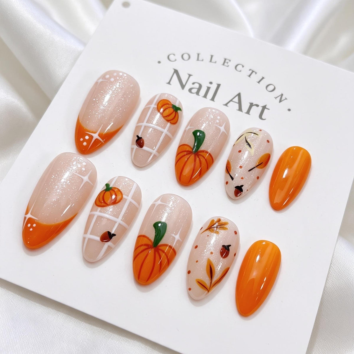 Pumpkin Plaid Fall Press On Nails With Orange French Tips
