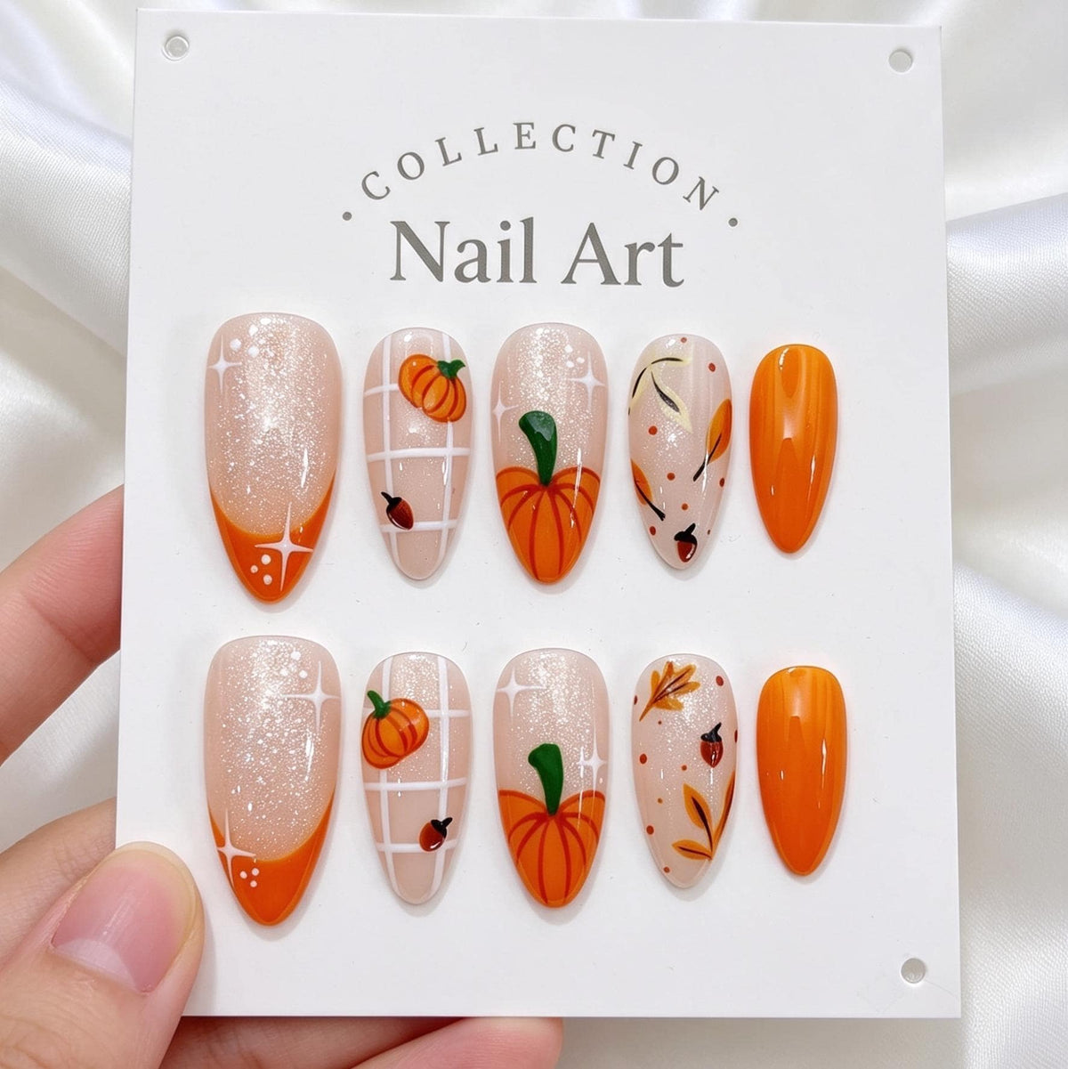 Pumpkin Plaid Fall Press On Nails With Orange French Tips