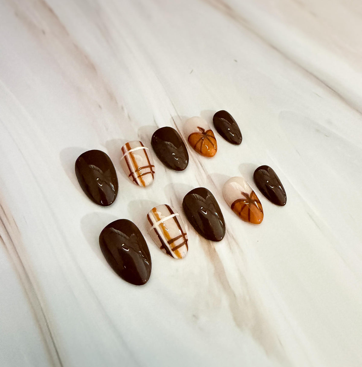 Pumpkin Plaid Press On Nails in Brown, Cream and Orange