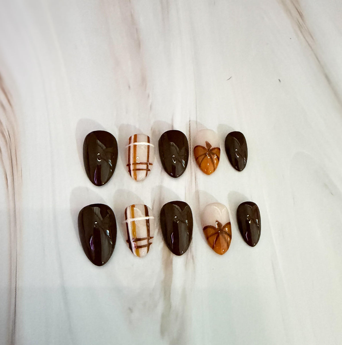 Pumpkin Plaid Press On Nails in Brown, Cream and Orange