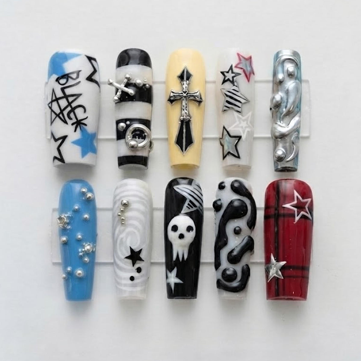 Punk Graffiti Nails with Stars, Gothic Cross, Skull and Red Plaid Accent