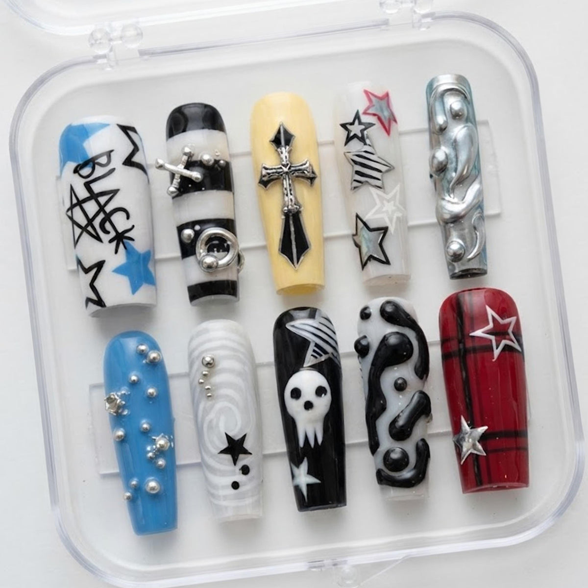Punk Graffiti Nails with Stars, Gothic Cross, Skull and Red Plaid Accent
