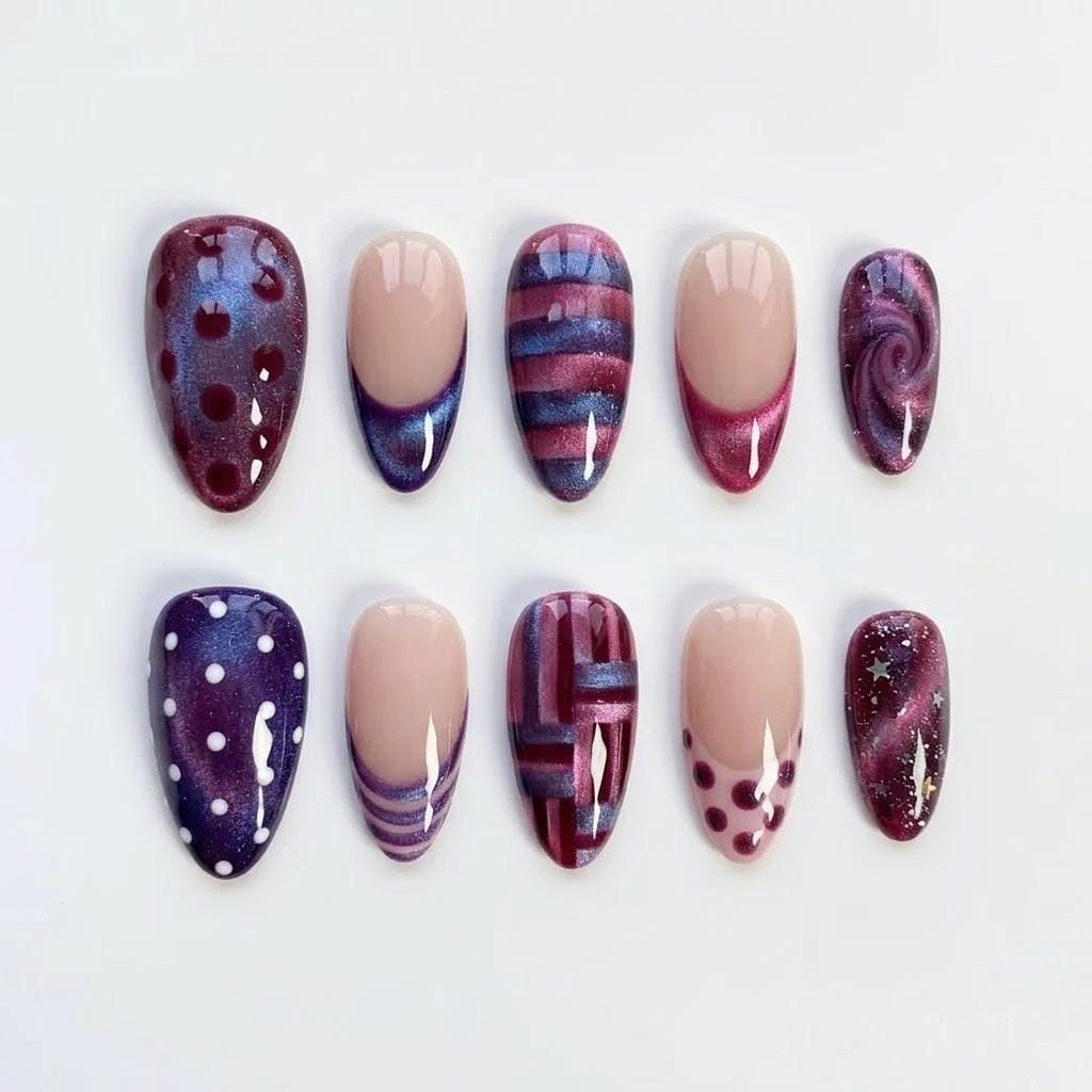 Purple and Burgundy Patterned Press On Nails With Glitter and Star Accents
