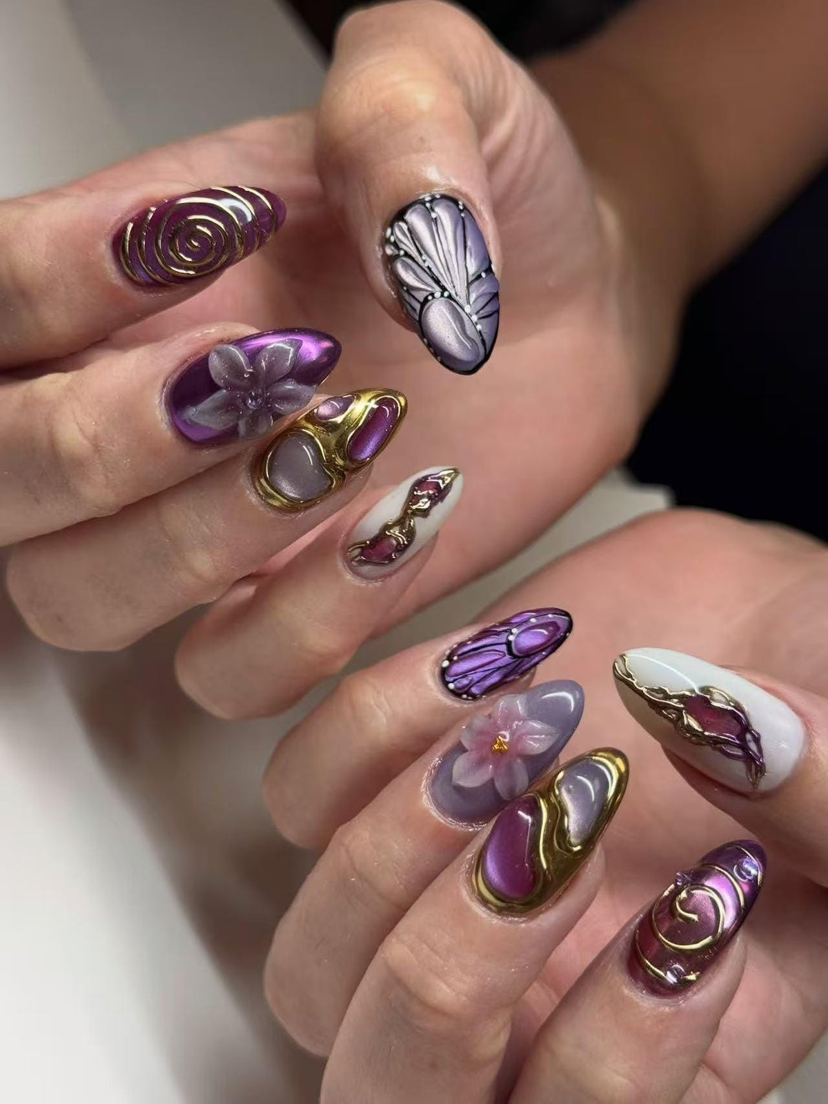 Purple and Lavender 3D Flower Nails with Raised Gold Swirls