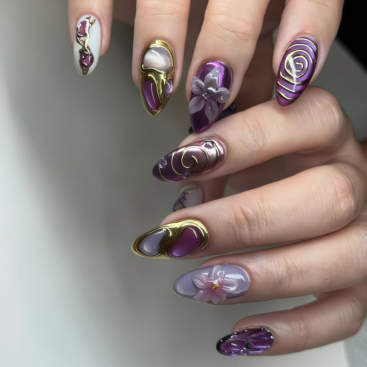 Purple and Lavender 3D Flower Nails with Raised Gold Swirls