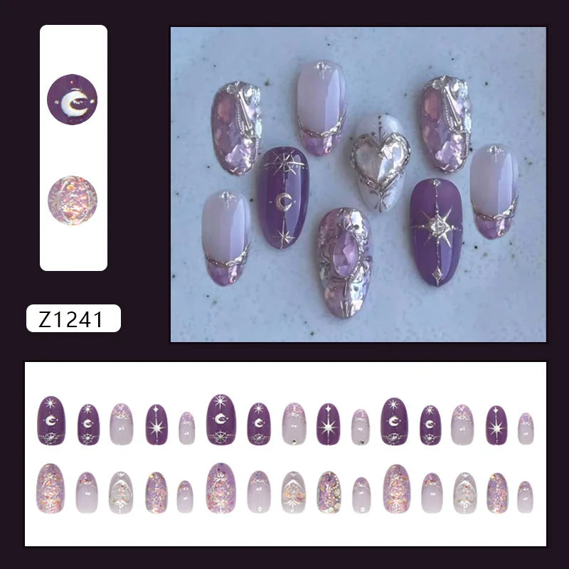 Purple and Lavender Celestial Press On Nails with Moon, Stars and Crystal Details