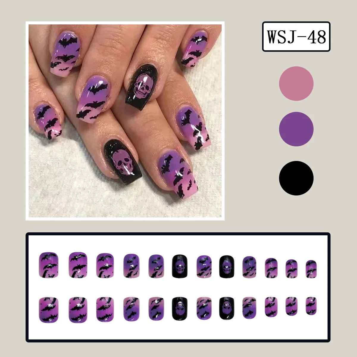 Purple and Pink Halloween Press-On Nails with Bats and Ghosts