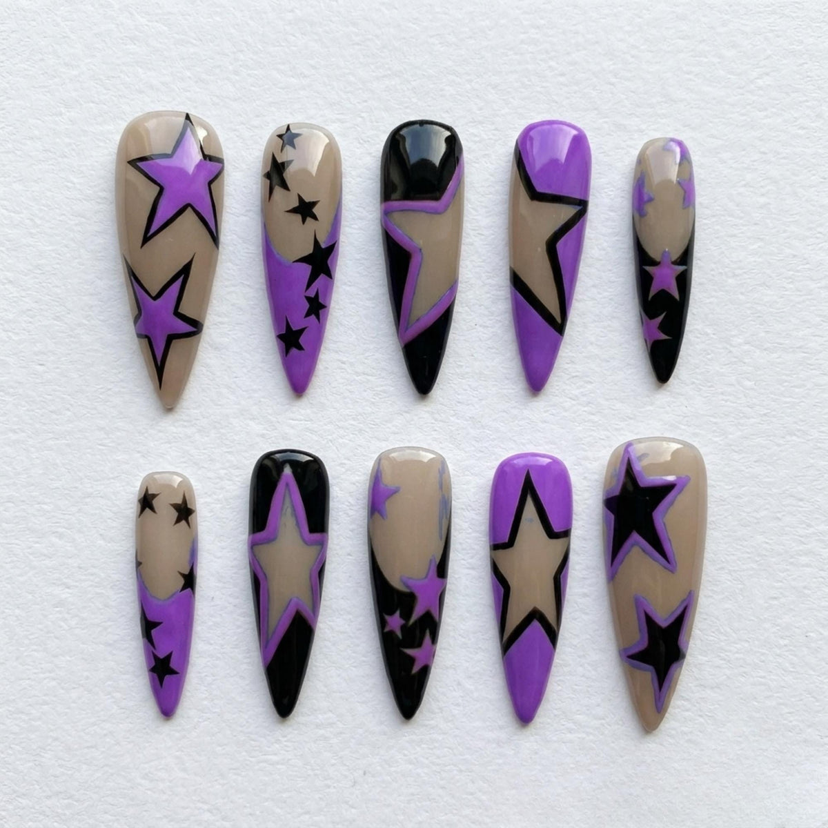 Purple, Black & Nude Y2K Grunge Star Press-On Nails