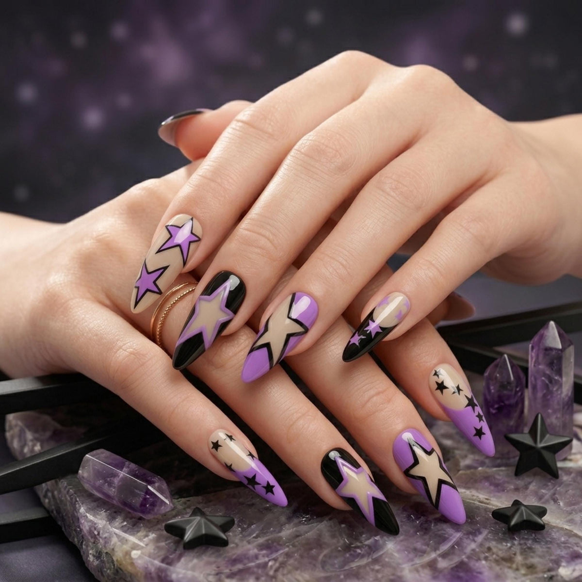 Purple, Black & Nude Y2K Grunge Star Press-On Nails
