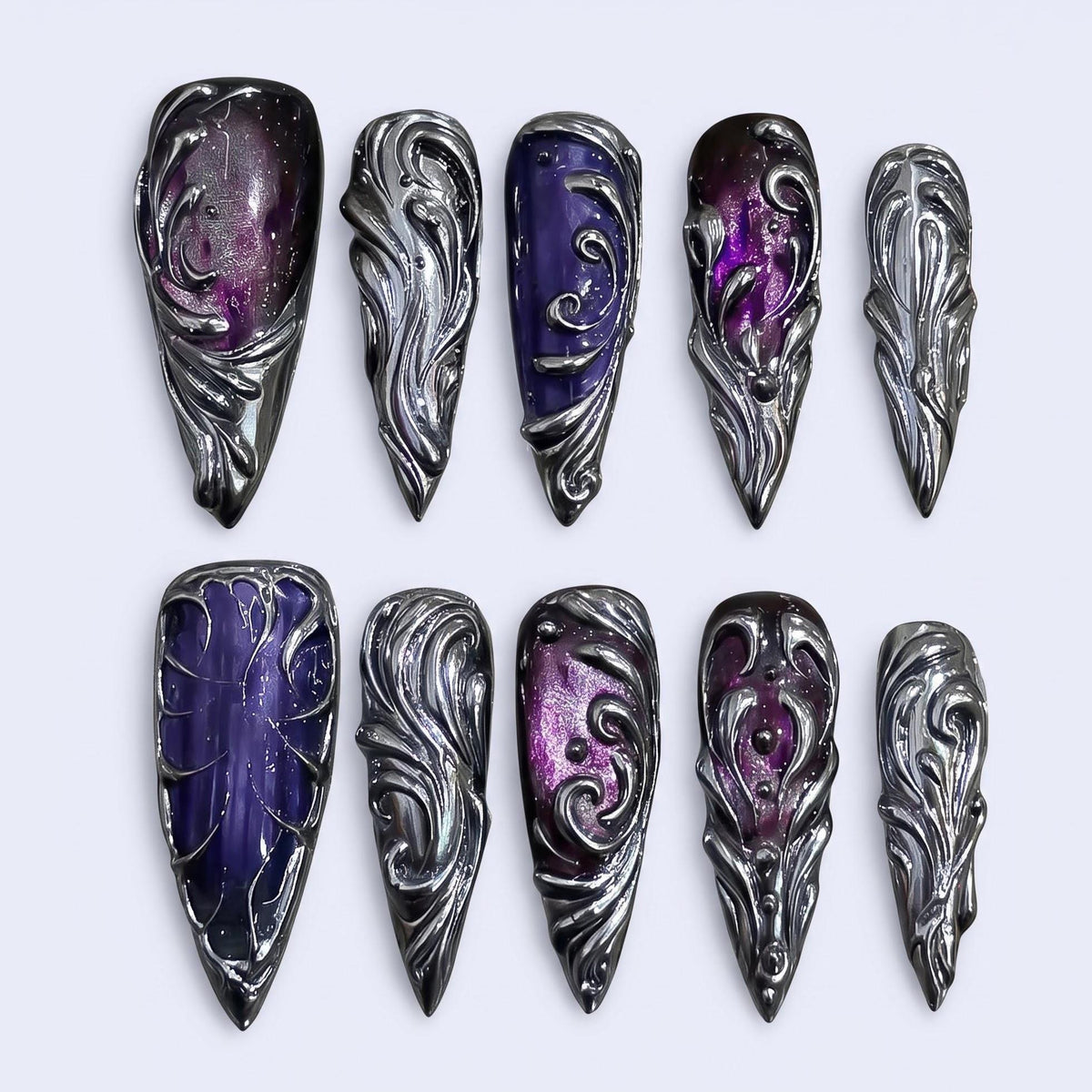 Purple Cat Eye Press On Nails With Sculpted Silver Baroque Filigree for Halloween