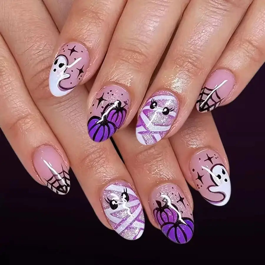 Purple Ghost and Pumpkin Halloween Press-On Nails with Spiderweb Tips