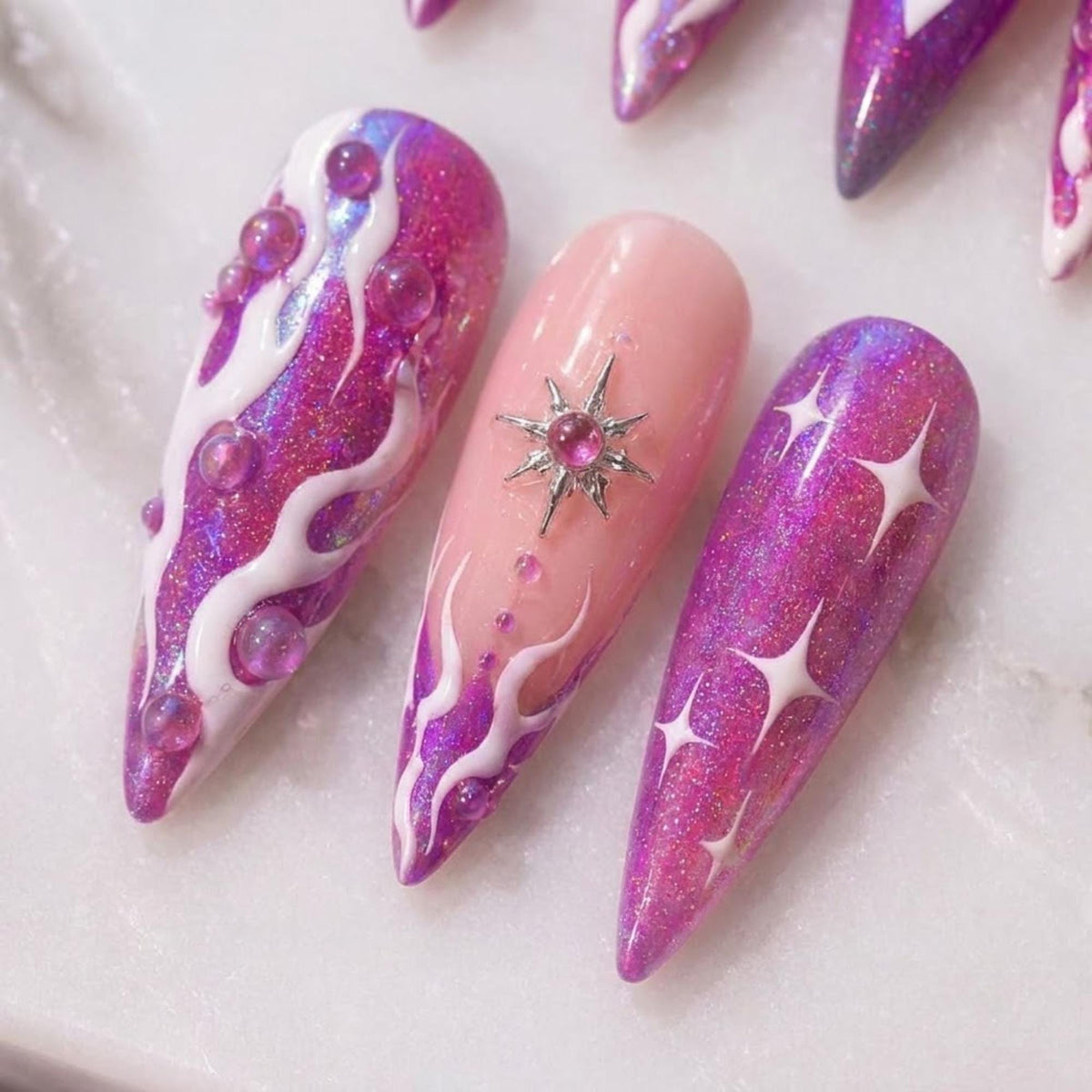 Purple Glitter Cyber Flame Nails With 3D Droplets, Flower and Star Charm