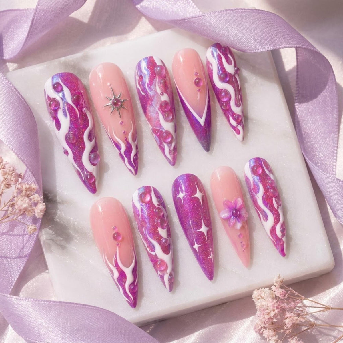 Purple Glitter Cyber Flame Nails With 3D Droplets, Flower and Star Charm