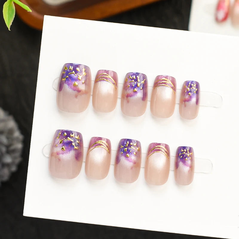 Purple Glitter French Tip Press On Nails with Gold Foil and Curved Lines