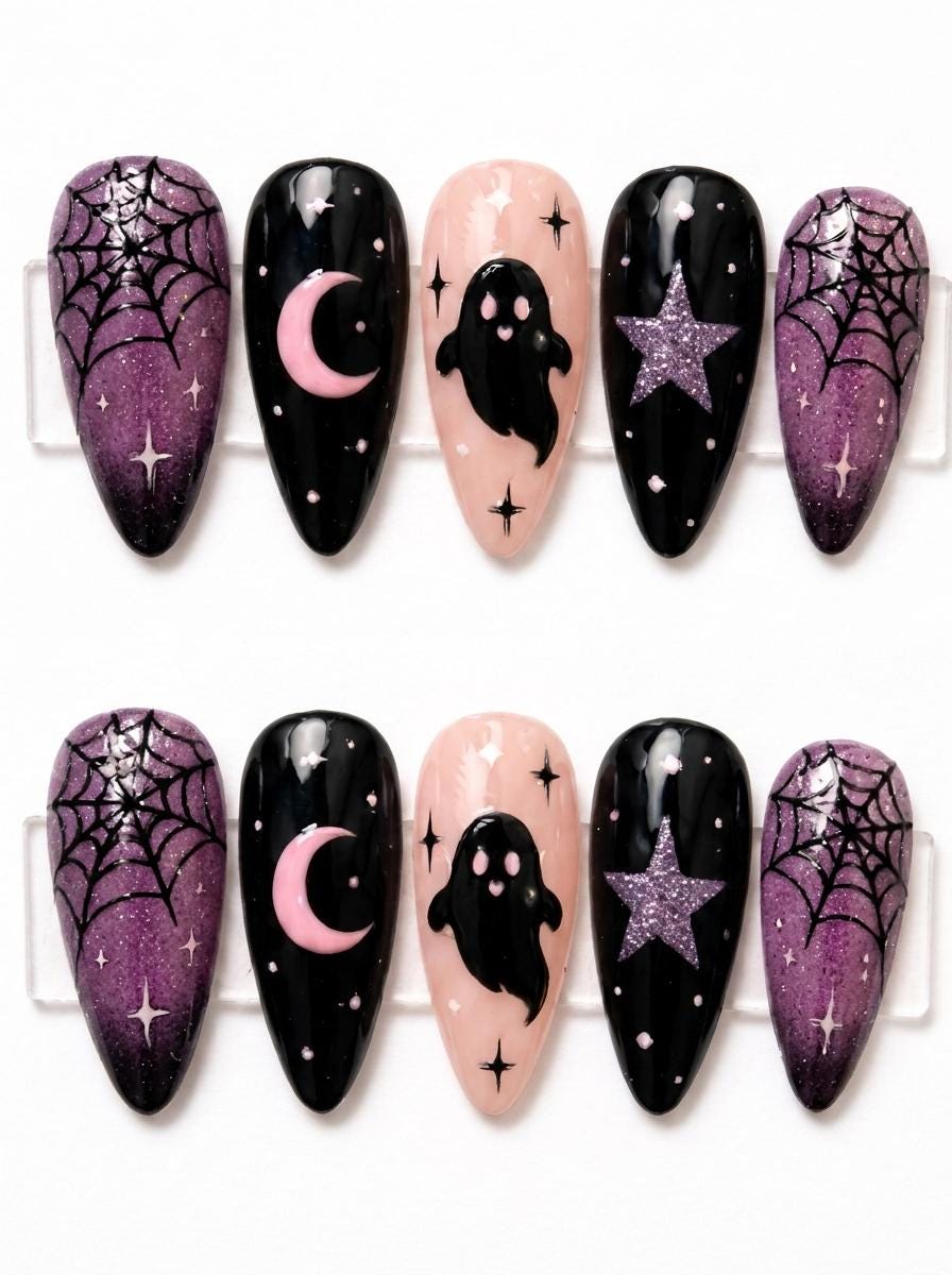Purple Glitter Spiderweb Ghost Halloween Press On Nails