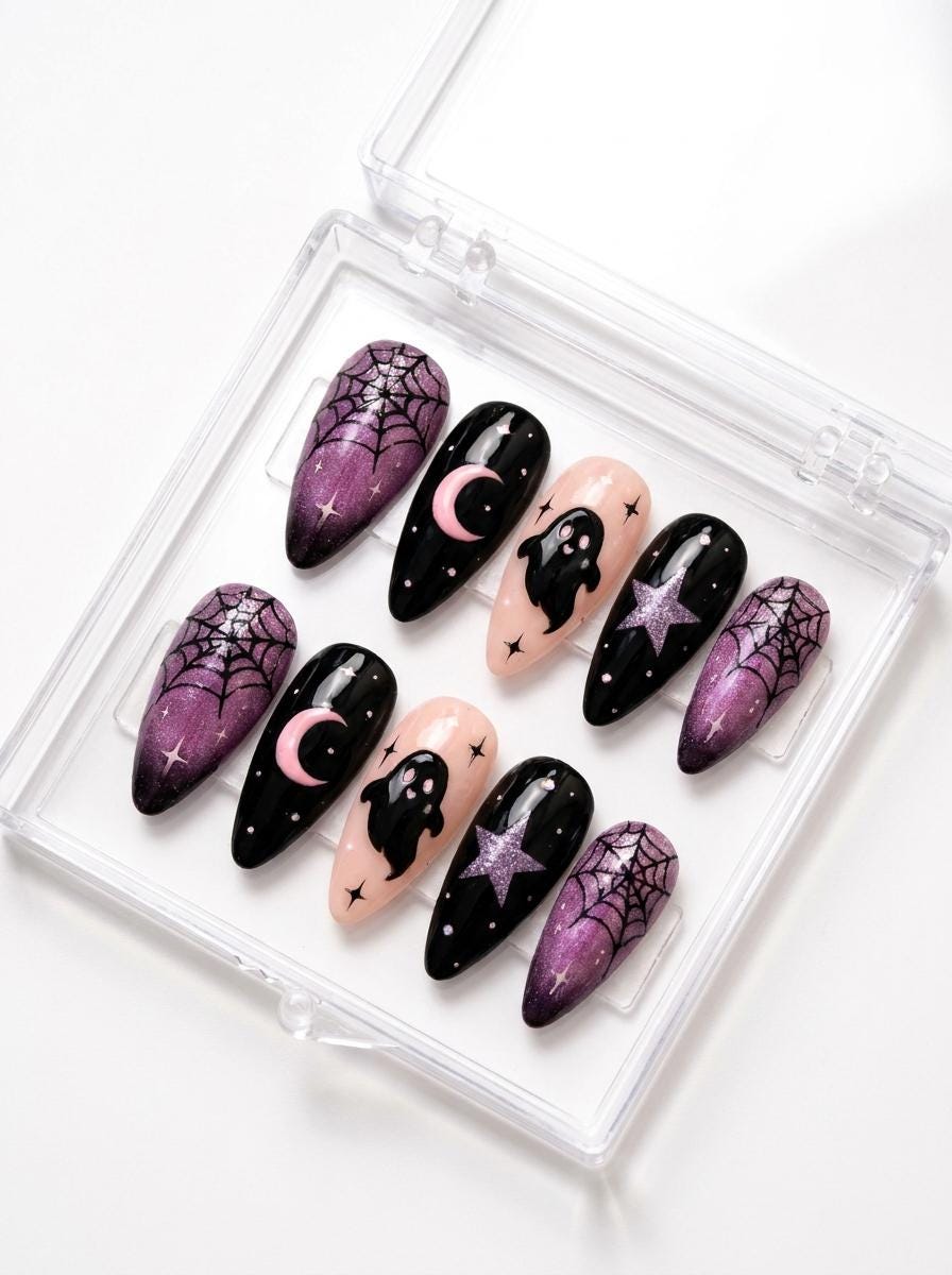 Purple Glitter Spiderweb Ghost Halloween Press On Nails