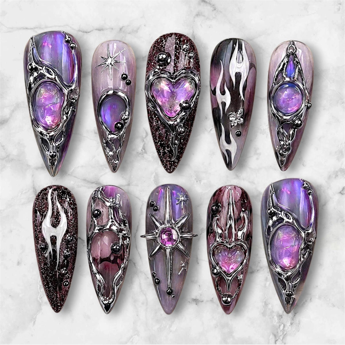 Purple Gothic Celestial Press On Nails with Heart Cabochons and Silver Filigree