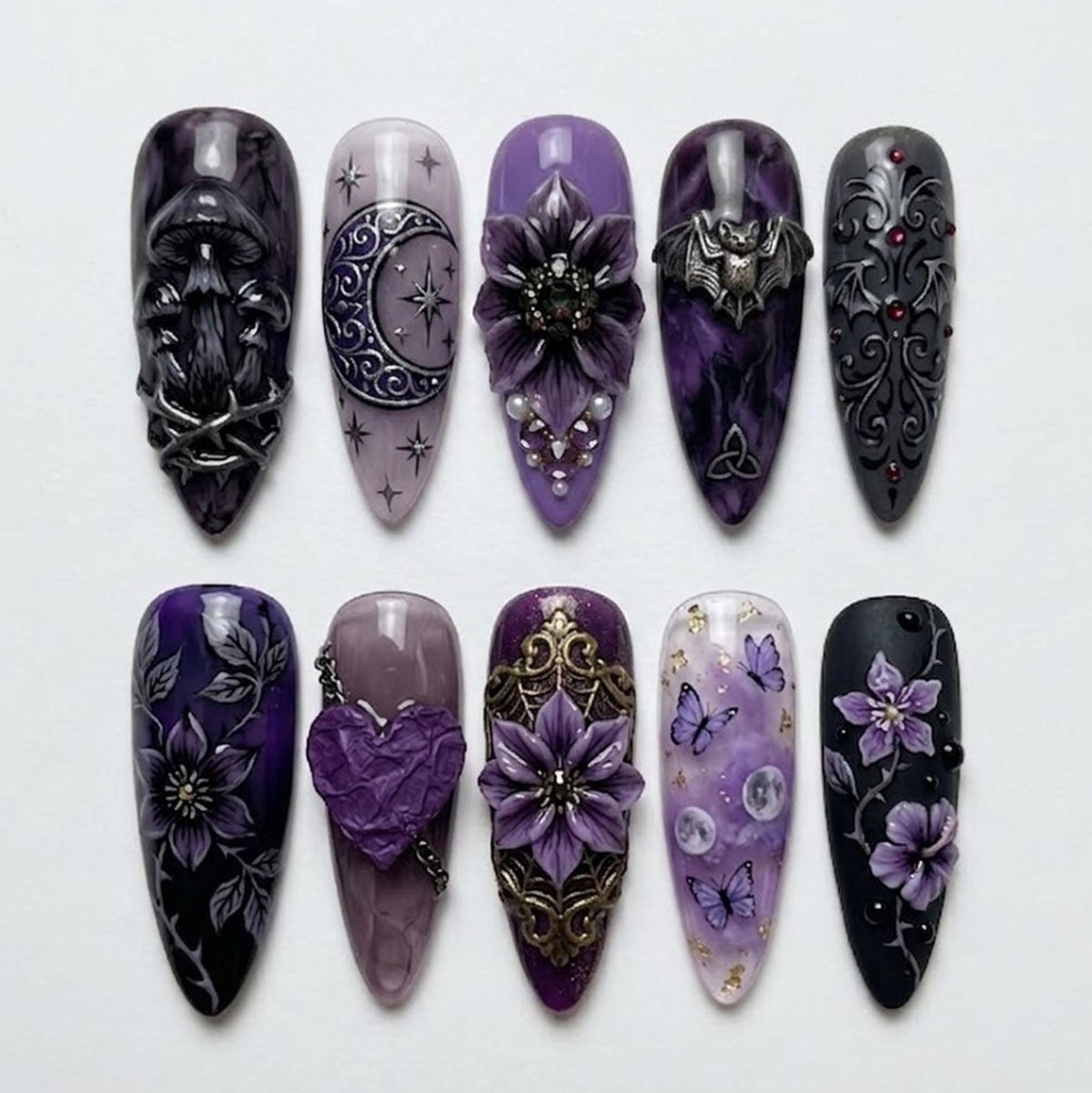 Purple Gothic Press On Nails with Sculpted Flowers, Moon, Stars and Rhinestone Accents