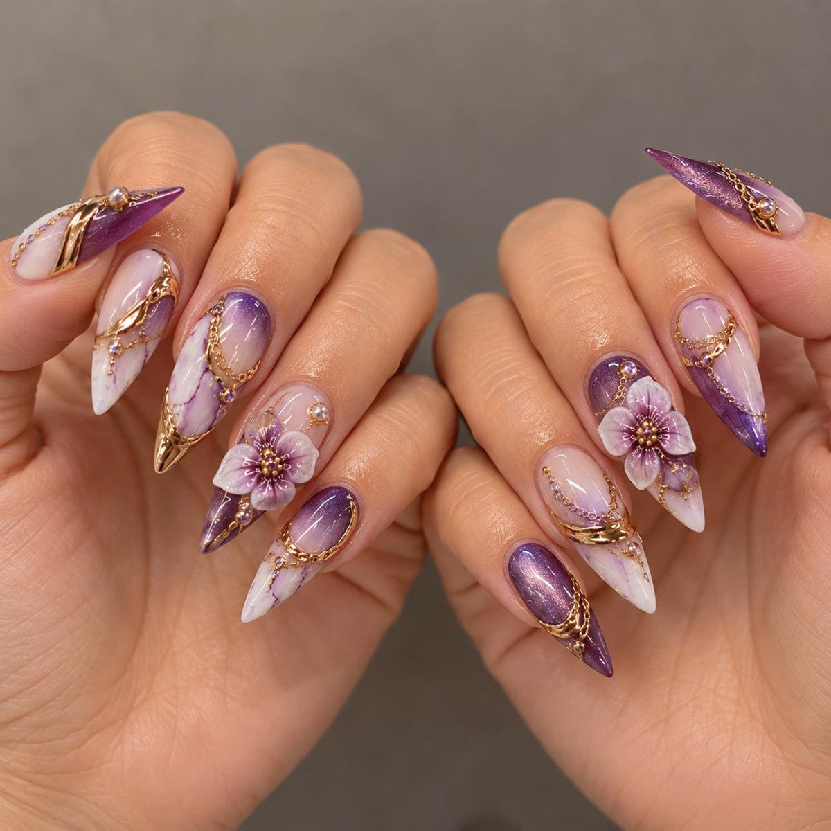 Purple Lavender 3D Flower Press-On Nail Set With Gold Chain Accents