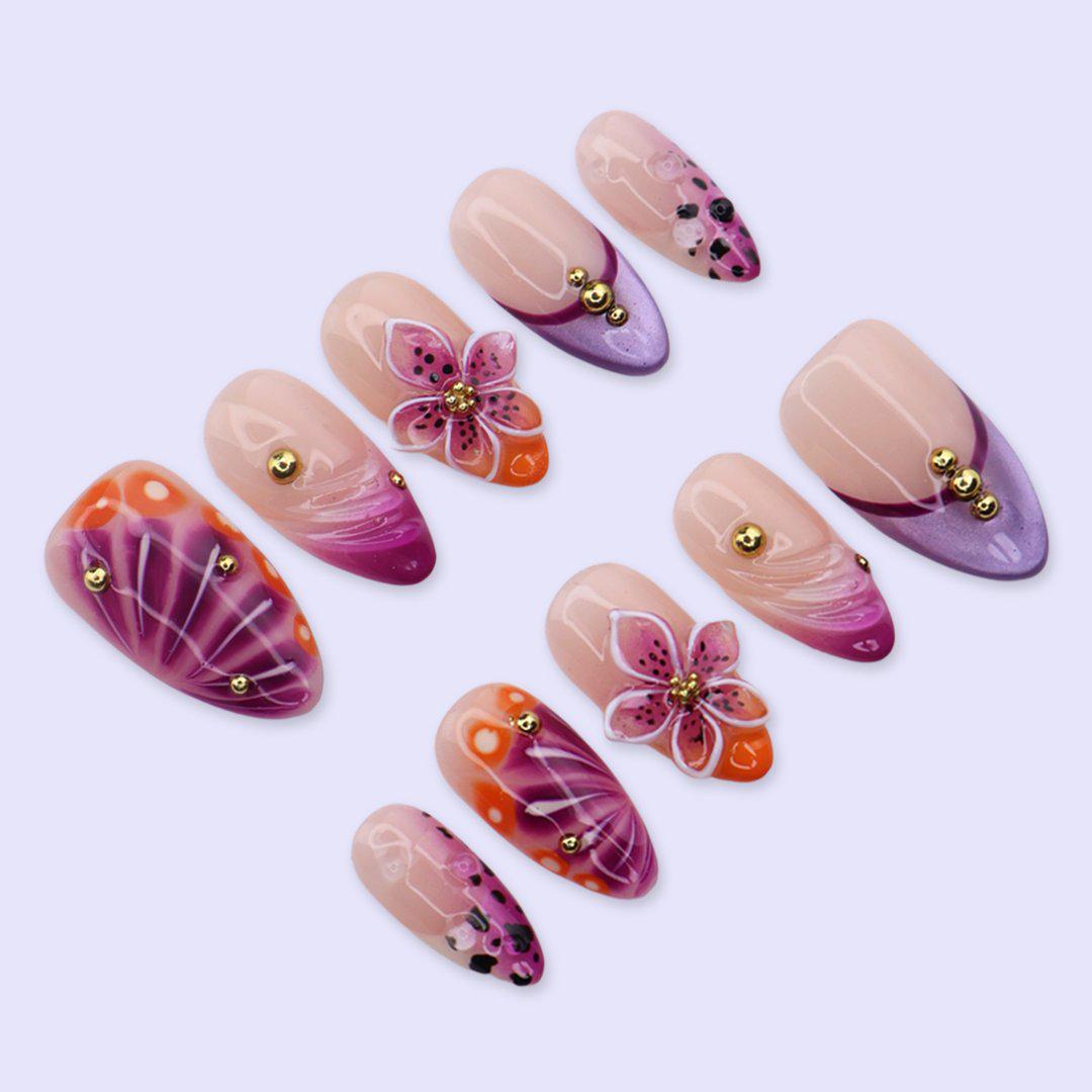 Purple, Magenta & Orange Aura Swirl Nails with 3D Flowers and Gold Studs