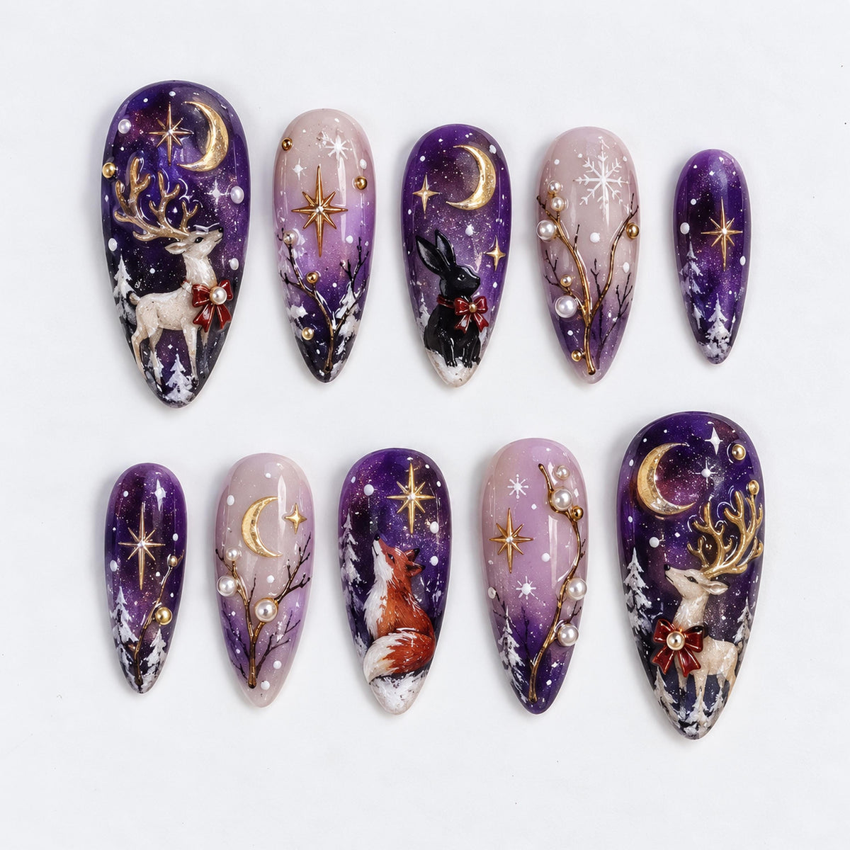 Purple Winter Woodland Press-On Nails With Reindeer, Fox, Bunny and Gold Celestial Details