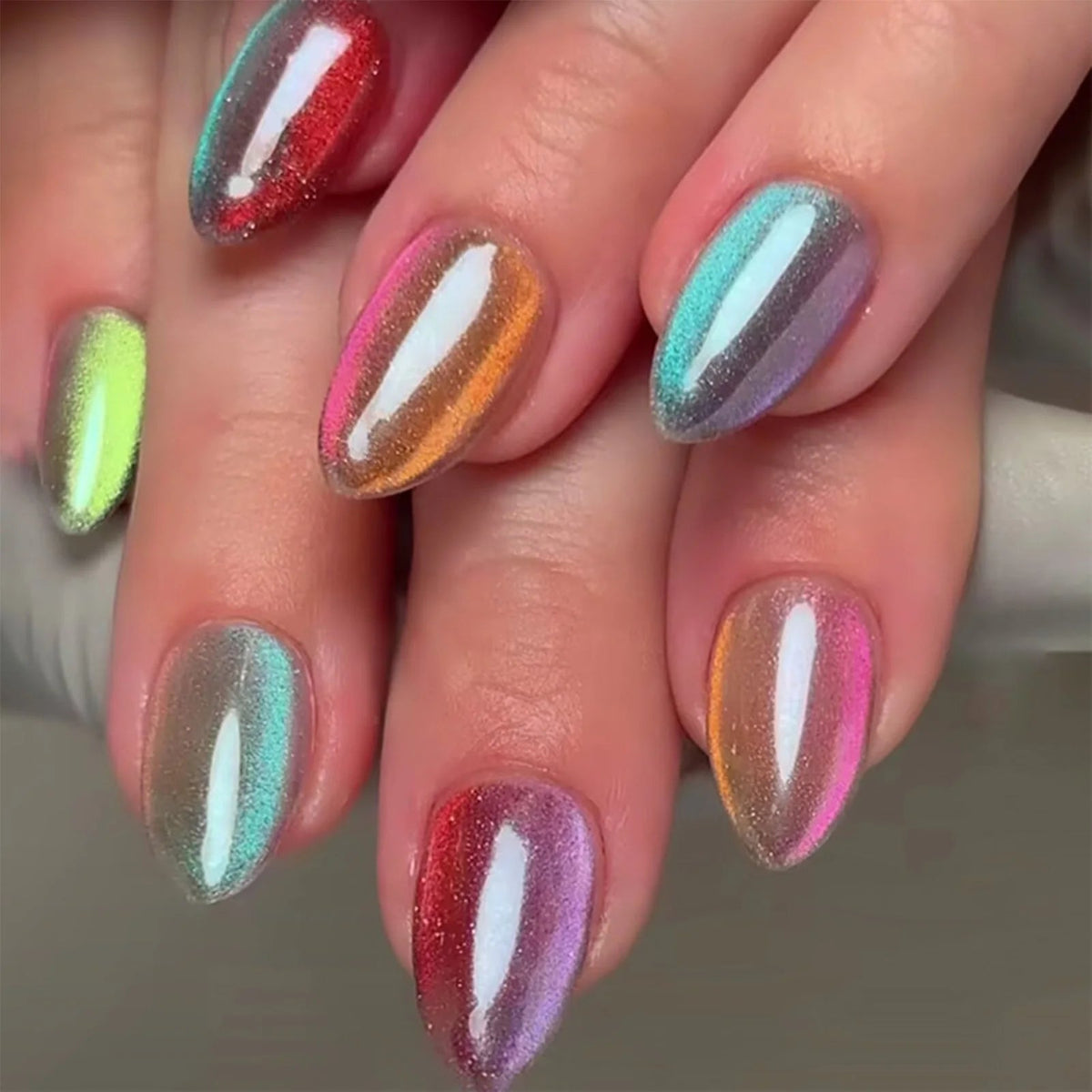 Rainbow Cat Eye Chrome Glitter Nail Set
