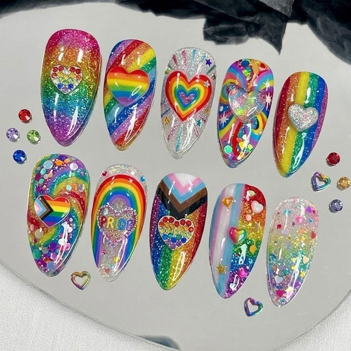 Rainbow Pride Glitter Heart Press-On Nail Set