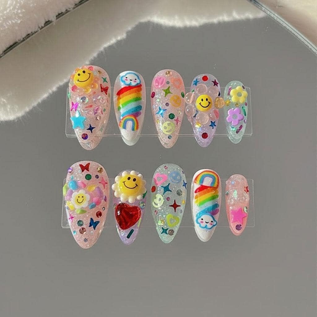 Rainbow Smiley Face and Cloud Nail Set with Glitter, Flowers and Charms
