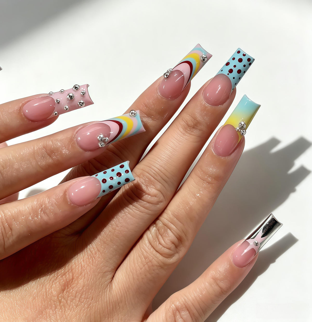 Rainbow Stripe and Burgundy Polka Dot Press-On Nails with Silver Rhinestones
