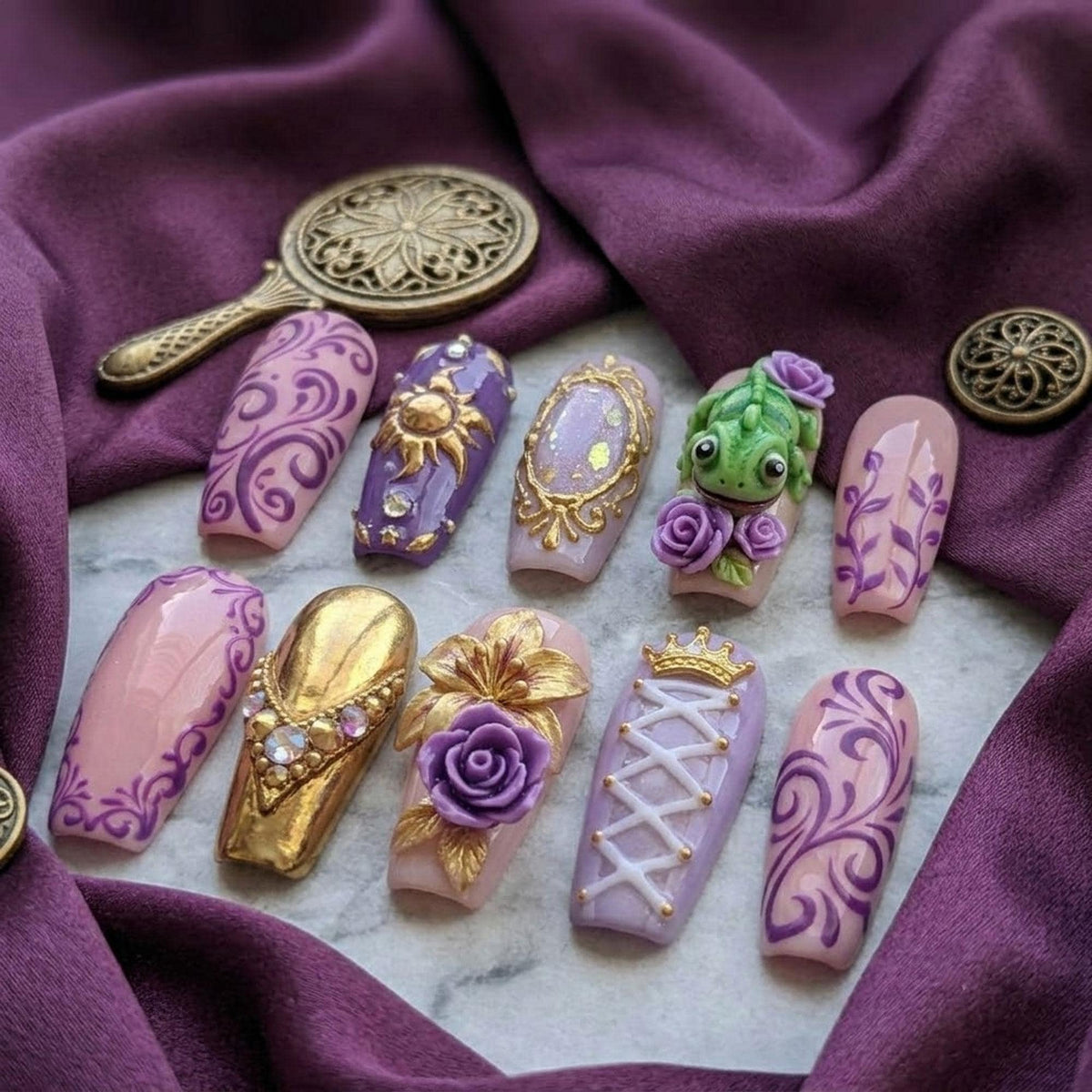 Rapunzel-Inspired Pink and Purple Nails with Gold Scrollwork, Roses, and Pascal