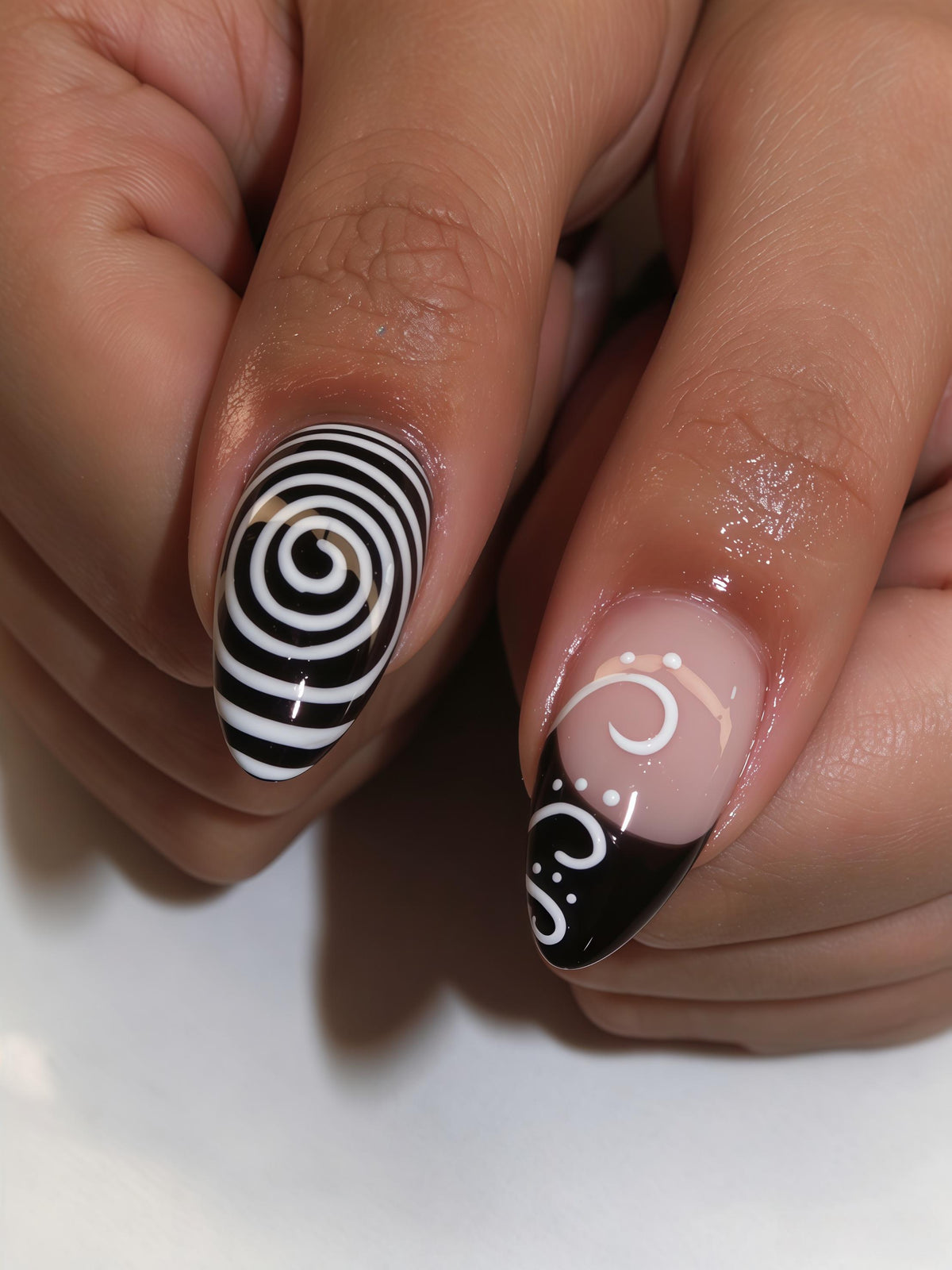 Red and Black Cat Charm Nails With Spirals, Stars, and French Tips