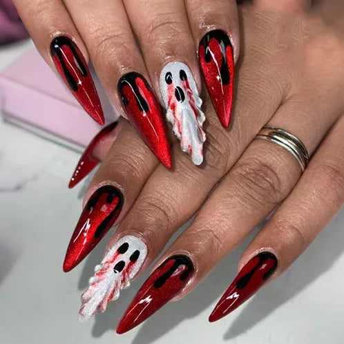 Red and Black Dripping Blood Halloween Nails with Raised Ghost Accents