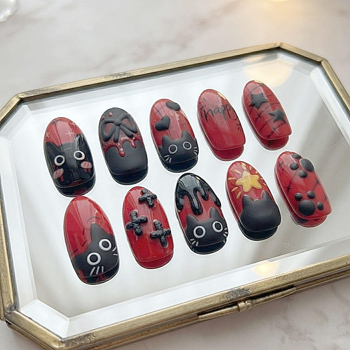 Red and Black Gothic Cat Nails with Bows, Stars and Halloween Details